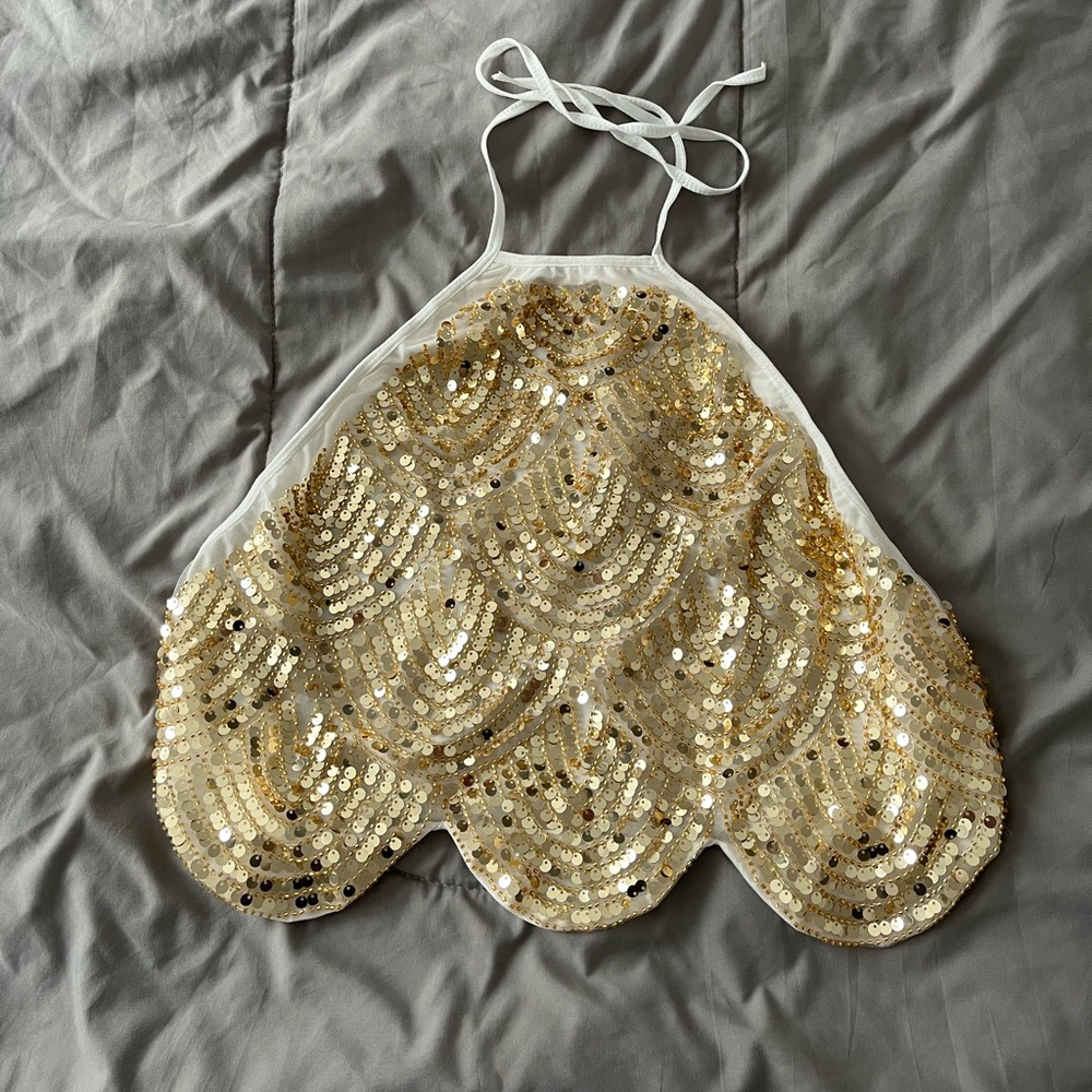 Gold Sequinned and Beaded Cropped Halter Top